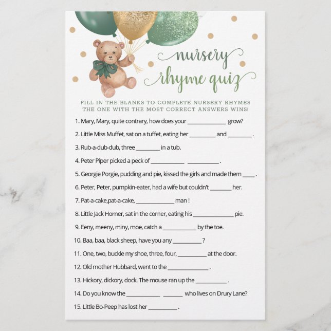 Lámina Juego de Rhyme de Nursery Juego de Prueba Baby Sho (Anverso)