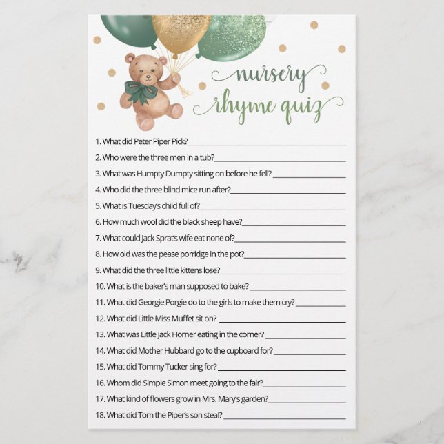 Lámina Juego de Rhyme de Nursery Juego de Prueba Baby Sho (Anverso)