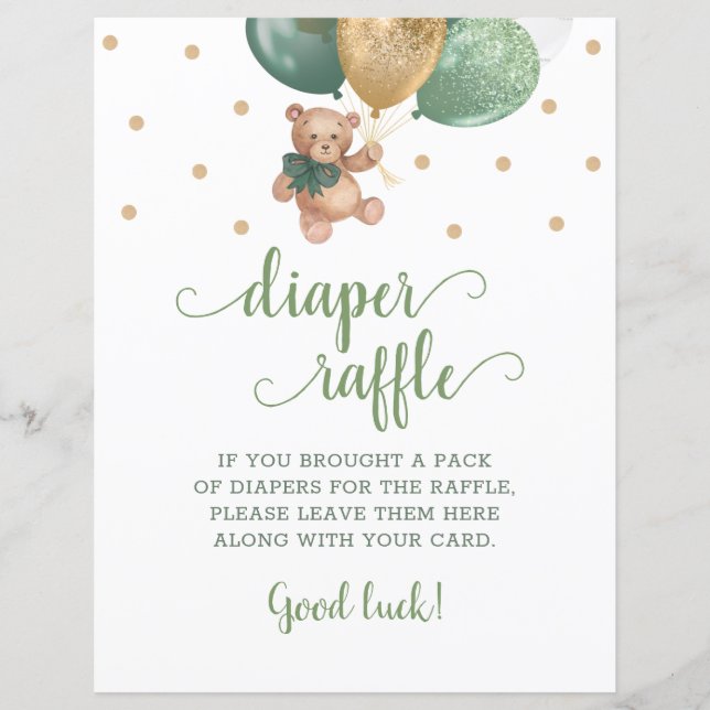 Lámina Juego de rifa de pañales de osito de peluche verde (Anverso)
