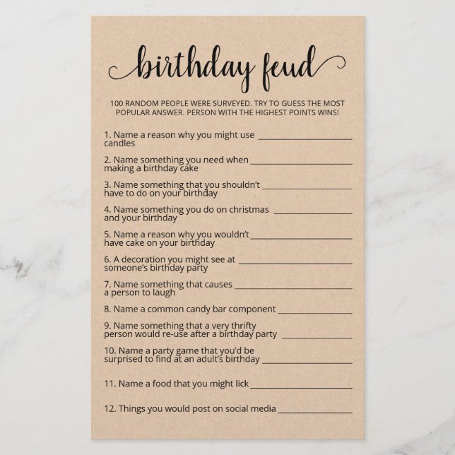 Lámina Juego de Rivalidad de Cumpleaños con Respuestas (Anverso)