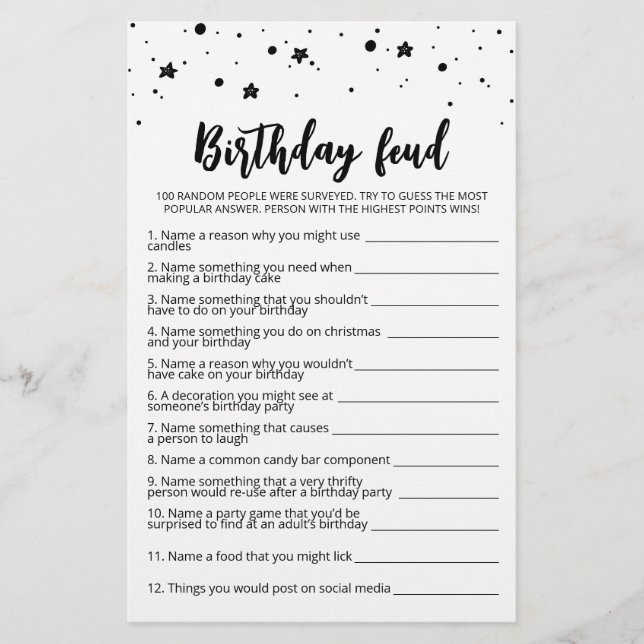 Lámina Juego de Rivalidad de Cumpleaños con Respuestas (Anverso)