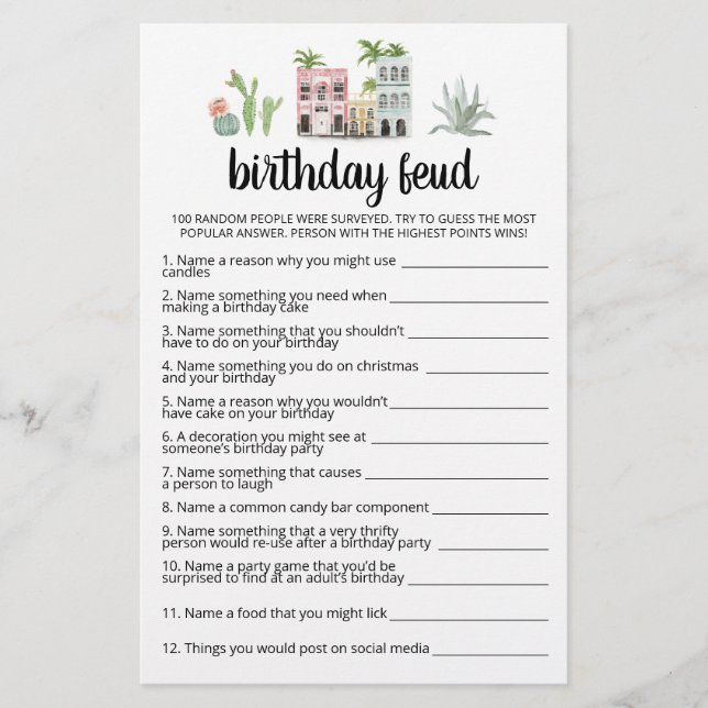 Lámina Juego de Rivalidad de Cumpleaños con Respuestas (Anverso)