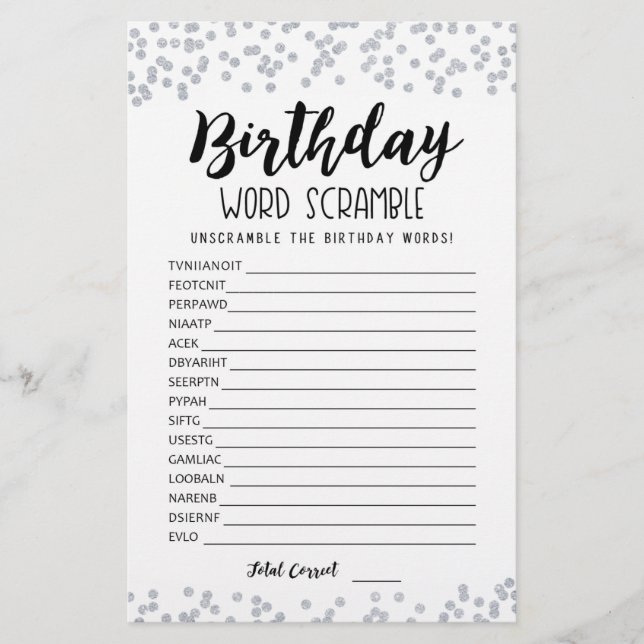 Lámina Juego de rompecabezas de palabras de cumpleaños co (Anverso)