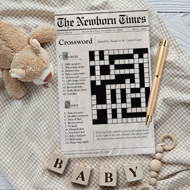 Lámina Juego de rompecabezas entre líneas de Baby Shower  (The Newborn Times cute newspaper theme baby shower baby words crossword puzzle game card, black)