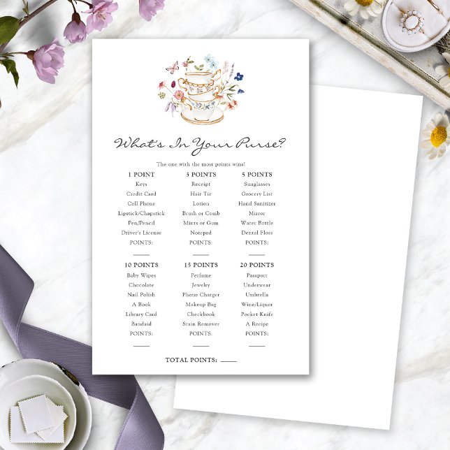 Lámina Juego de té de boda de bolso (What's In Your Purse Bridal Tea Game by Painted Paperie
)