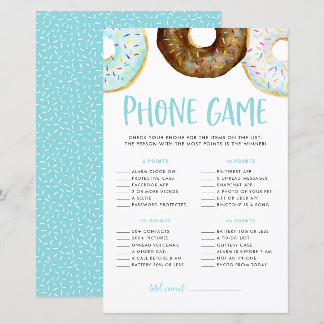 Lámina Juego de teléfono Baby Shower con donuts azules y  (Anverso / Reverso)
