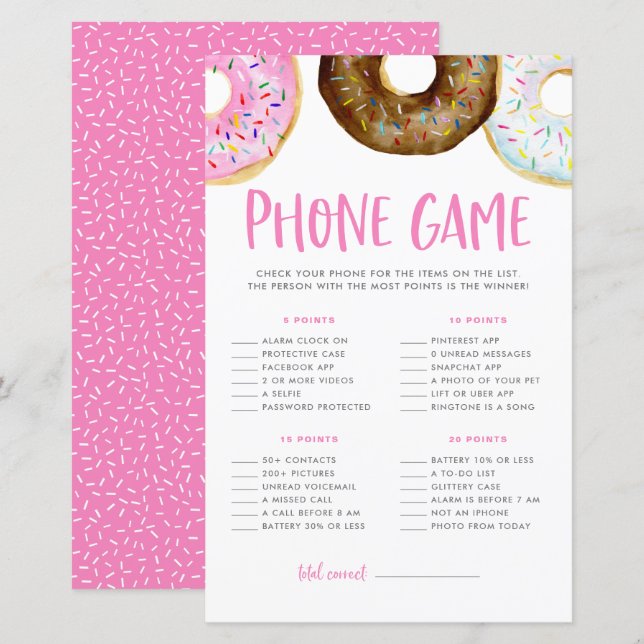 Lámina Juego de teléfono Baby Shower con donuts rosados y (Anverso / Reverso)