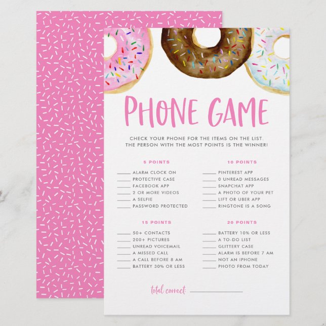 Lámina Juego de teléfono Baby Shower con donuts rosados y (Anverso / Reverso)