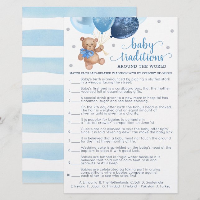 Lámina Juego de tradiciones de bebés Juego Baby Shower Te (Anverso / Reverso)