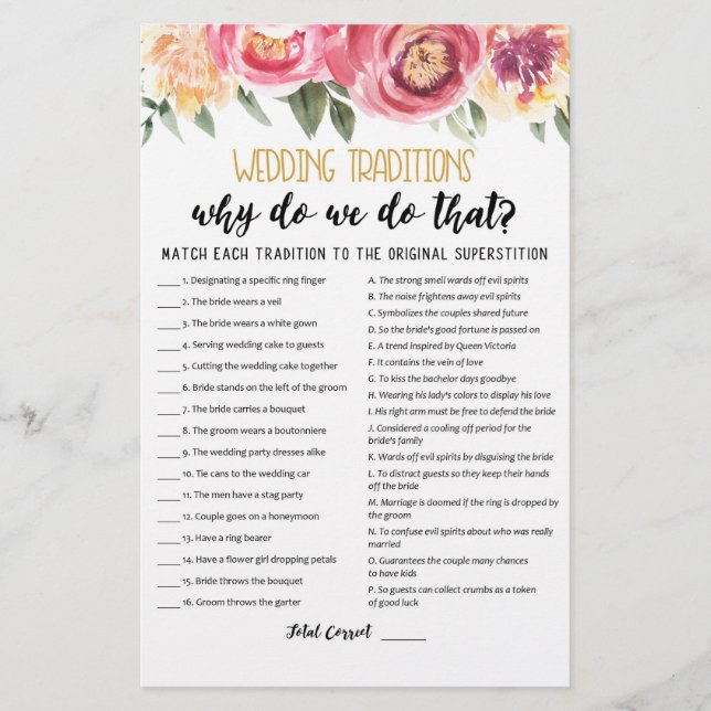 Lámina Juego de tradiciones de boda con respuestas (Anverso)