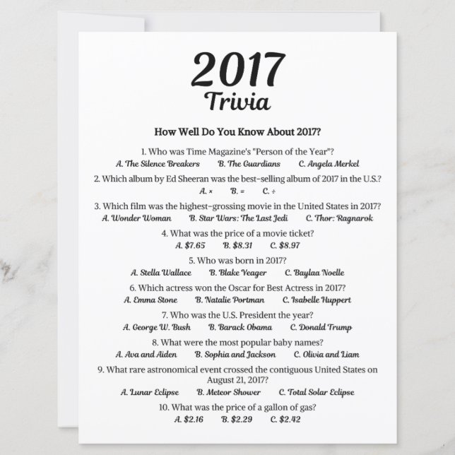 Lámina Juego de Trivia 2017 | Juego de Fiesta de Cumpleañ (Anverso)