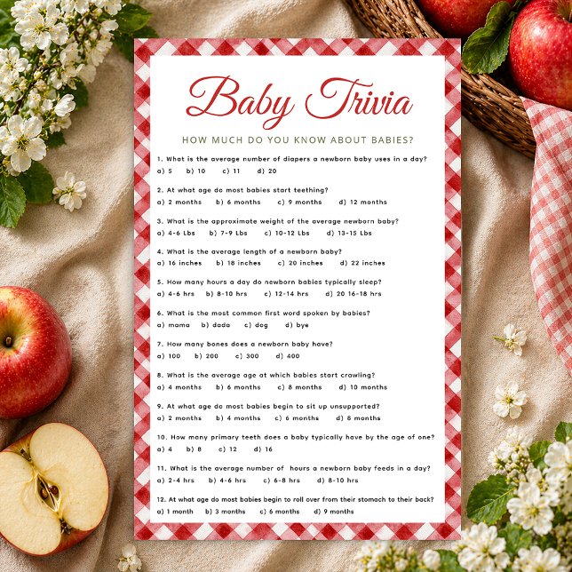 Lámina Juego de Trivia de Baby Shower de Gingham Rústico (Baby Trivia Game Sheet)