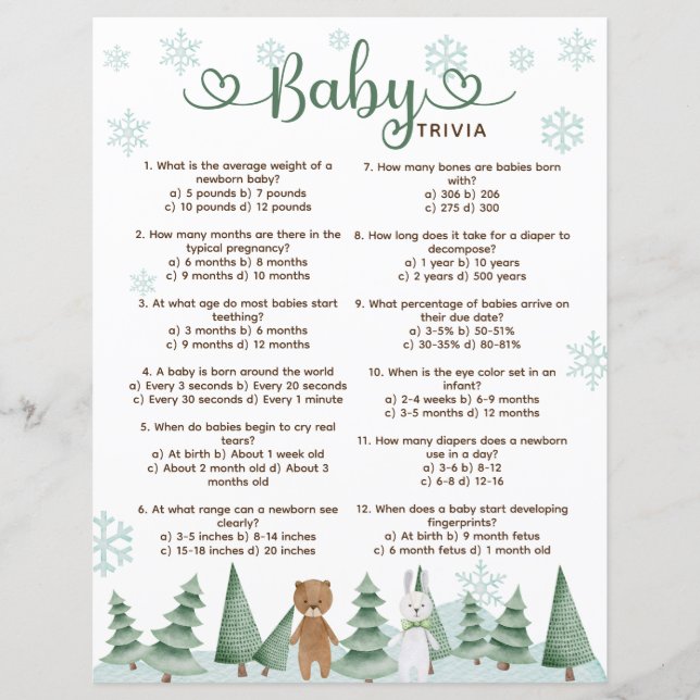 Lámina Juego de Trivia de Bebé con Tema de Bosque Inverna (Anverso)