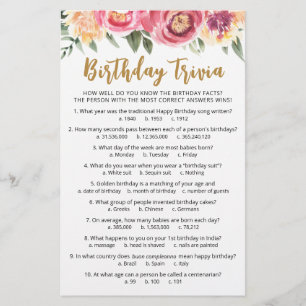 Lámina Juego de trivia de cumpleaños con respuestas Fiest