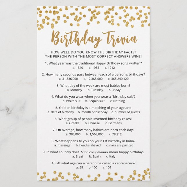 Lámina Juego de trivia de cumpleaños con respuestas Fiest (Anverso)