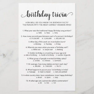 Lámina Juego de trivia de cumpleaños con respuestas Fiest