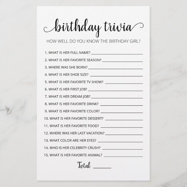 Lámina Juego de trivia de cumpleaños editable Juego de fi (Anverso)