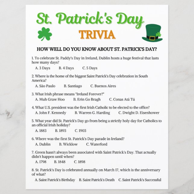 Lámina Juego de Trivia del Día de San Patricio (Anverso)