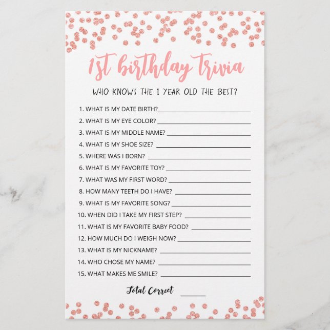Lámina Juego de trivia editable para 1er cumpleaños (Anverso)