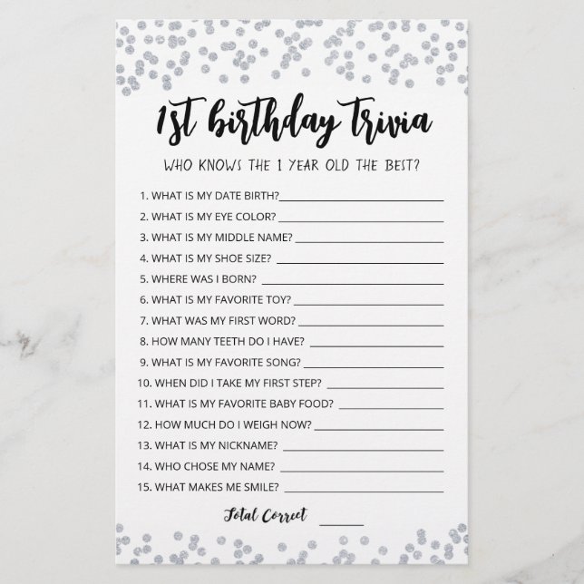 Lámina Juego de trivia editable para el 1er cumpleaños (Anverso)