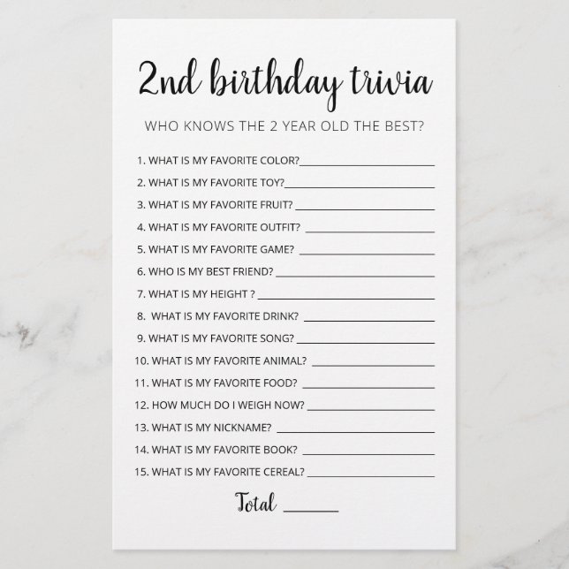 Lámina Juego de trivia editable para el 2do cumpleaños (Anverso)