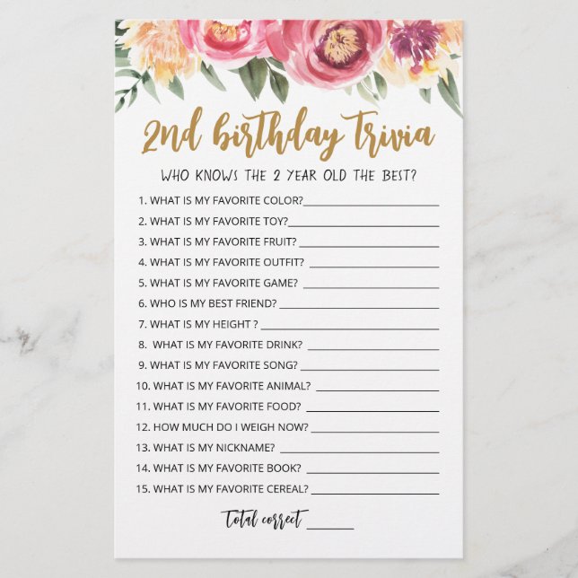 Lámina Juego de trivia editable para segundo cumpleaños (Anverso)