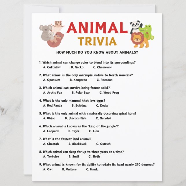 Lámina Juego de trivialidades animales (Anverso)