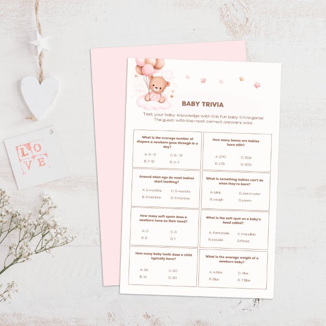 Lámina Juego de trivialidades de Baby Shower de los globo (Cute Bear & Pink Balloons Baby Shower Trivia Game on a boho wooden table.)