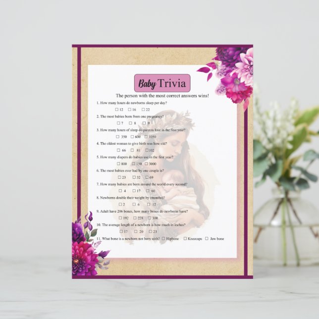 Lámina Juego de trivialidades para niños con boho morado (Anverso de pie)