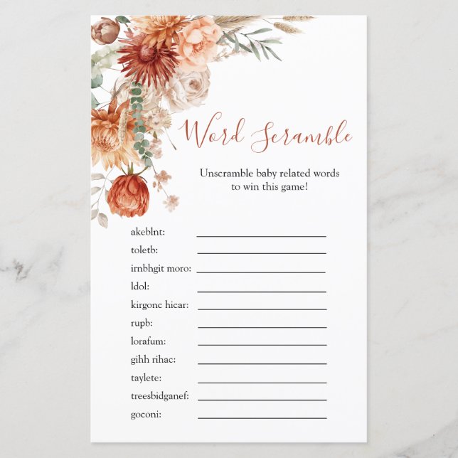 Lámina Juego de Word Scramble Rusdflower Baby Shower (Anverso)