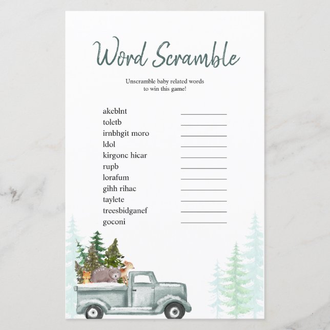 Lámina Juego de Word Scramble Winter Woodland Pine Trees (Anverso)