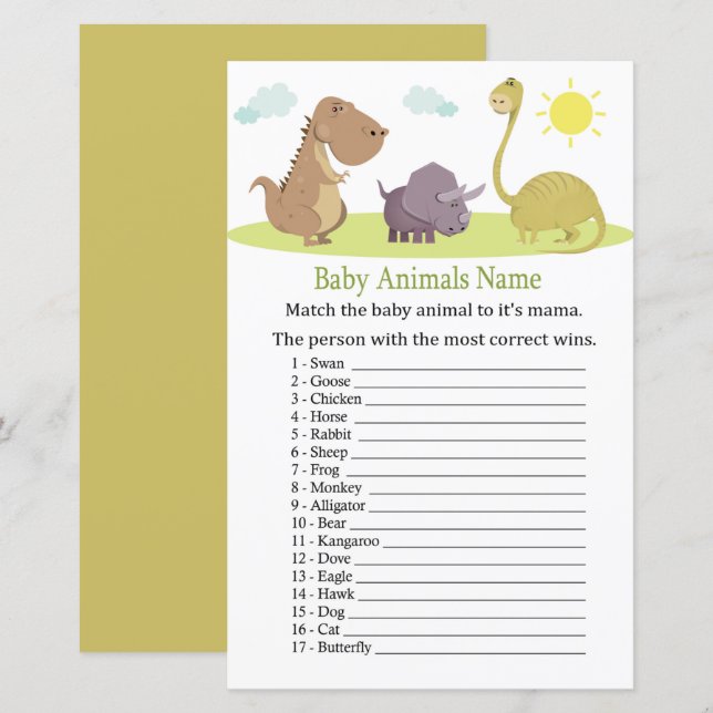 Lámina Juego Dinosaur Baby Animals Name (Anverso / Reverso)