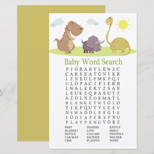 Lámina Juego Dinosaur Baby Shower Word Search (Anverso / Reverso)