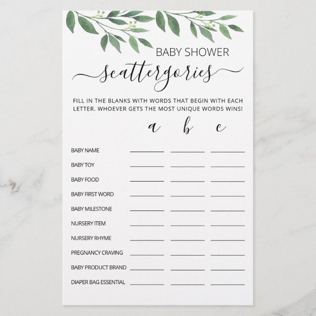 Lámina Juego editable de Baby Shower Scattergories fiesta (Anverso)