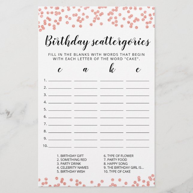 Lámina Juego editable de Scattergories de cumpleaños (Anverso)