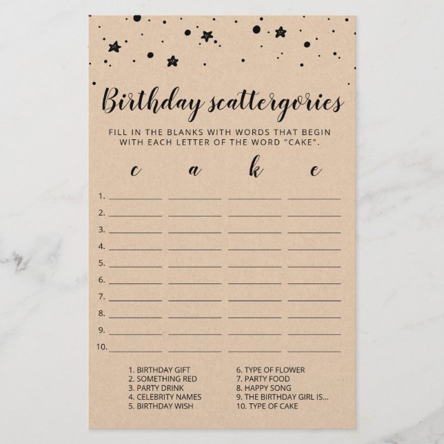 Lámina Juego editable de Scattergories de cumpleaños (Anverso)