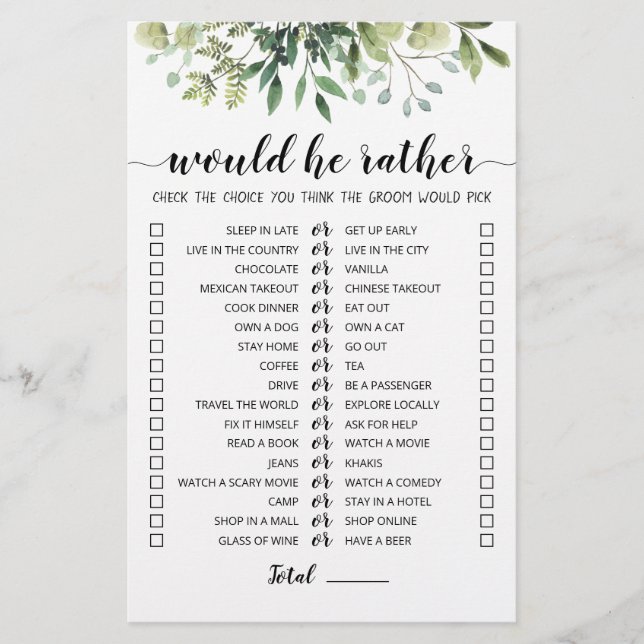 Lámina Juego editable '¿Qué preferiría él?' para boda (Anverso)