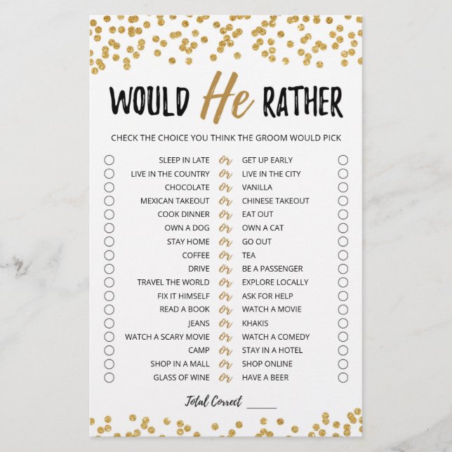 Lámina Juego editable '¿Qué preferiría él?' para boda (Anverso)
