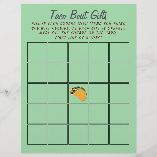 Lámina Juego festivo 🌮 Bingo Baby Shower Taco mexicano (Anverso)