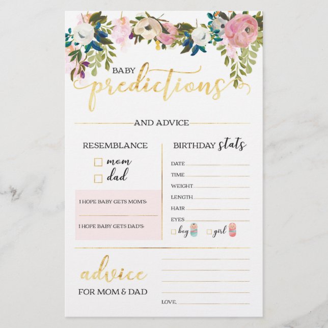 Lámina Juego Floral Baby Shower Predictions (Anverso)