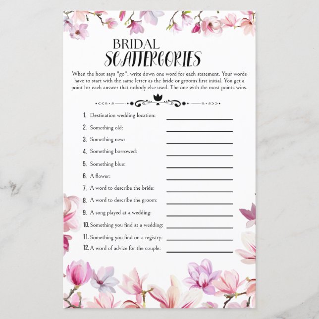 Lámina Juego Floral Bridal Shower Scattergories (Anverso)
