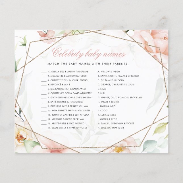 Lámina Juego Floral de Baby Shower para Chica de nombres  (Anverso)