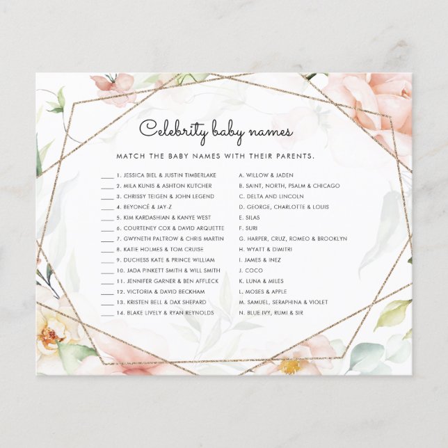 Lámina Juego Floral de Baby Shower para Chica de nombres  (Anverso)