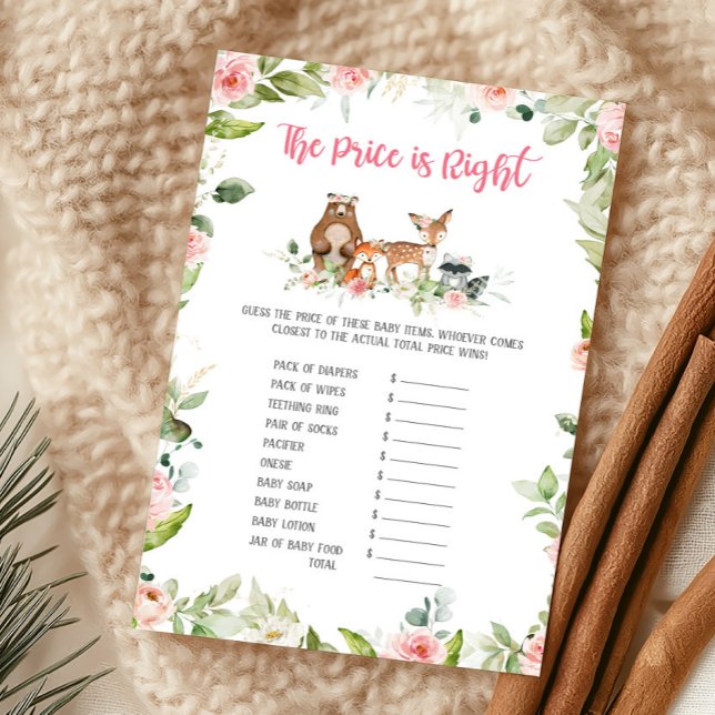 Lámina Juego Floral del Bosque El Precio es Correcto (Girl Woodland Animals Baby Shower The Price Is Right Game)