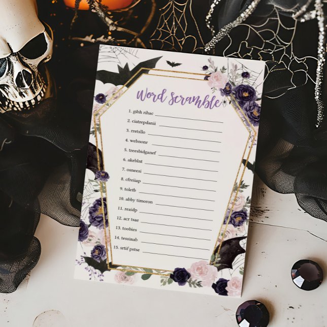 Lámina Juego Floral Gótico Coffin Word Scramble (Floral Gothic Coffin Baby Shower Word Scramble Game)