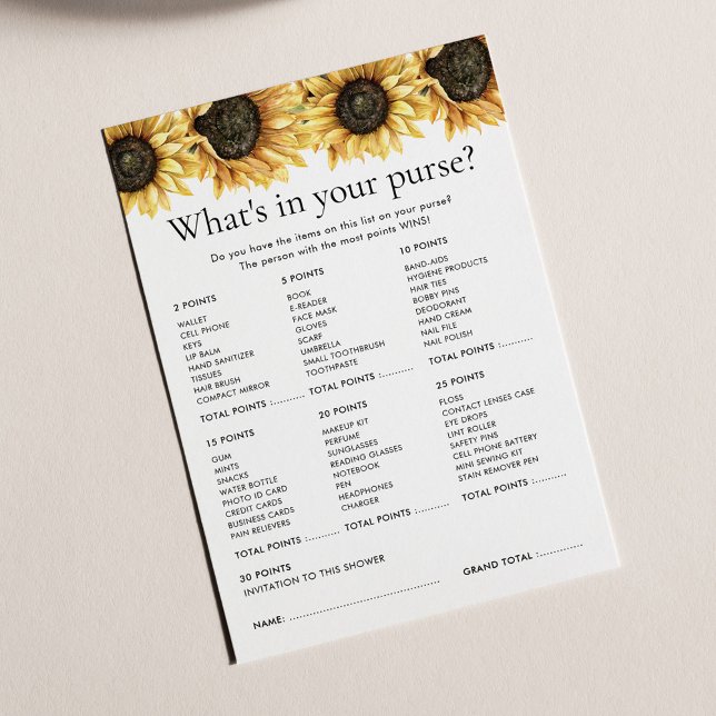 Lámina Juego Floral Sunflower Bridal Shower (Floral Sunflower Bridal Shower Games What's in her Purse Card)