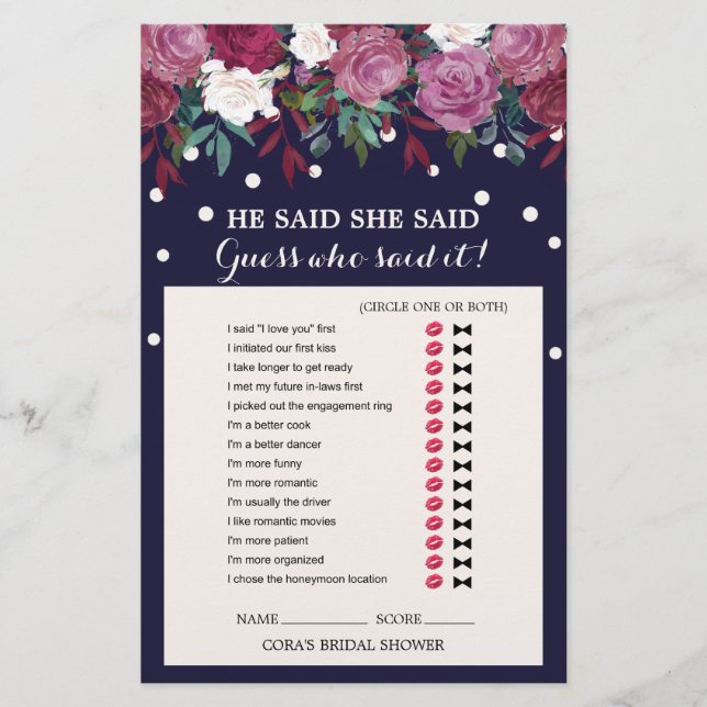 Lámina Juego Marsala Floral y Navy Él Dijo Ella Dijo (Anverso)