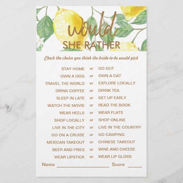 Lámina Juego moderno de ducha de novia con limón verde am (Anverso)