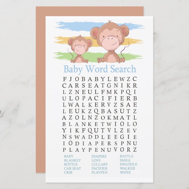 Lámina Juego Monkey Baby Shower Word Search (Anverso / Reverso)