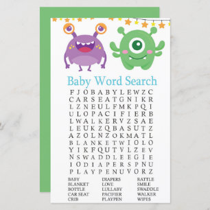 Lámina Juego Monster Baby Shower Word Search